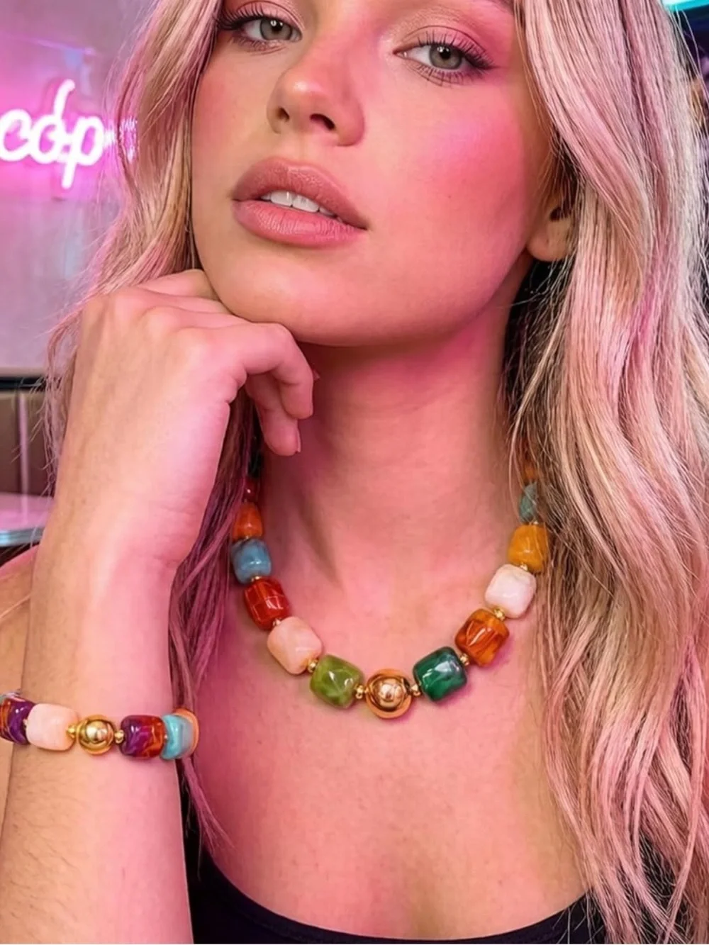 Colorful Bead Necklace and Bracelet Set - Bohemian, Beach